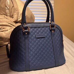 Gucci Blue Embossed Leather Satchel with Gold Hardware